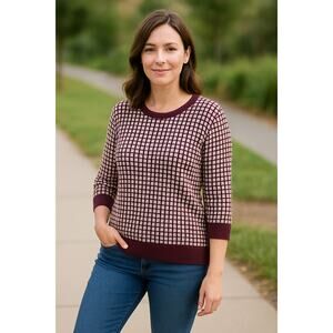 LANDS' END maroon & white geometric supima cotton 3/4 sleeve sweater size 14-16